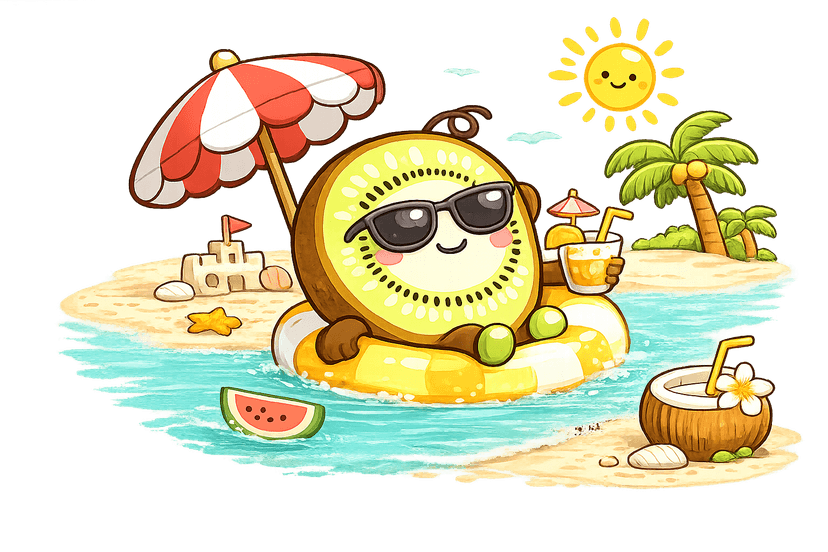 KiwiFS mascot relaxing on the beach
